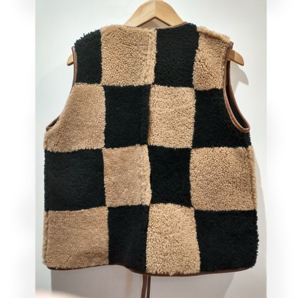 NWT Cawley Studio 'Ella' Patchwork checked checkerboard checker Shearling Vest - Picture 7 of 10